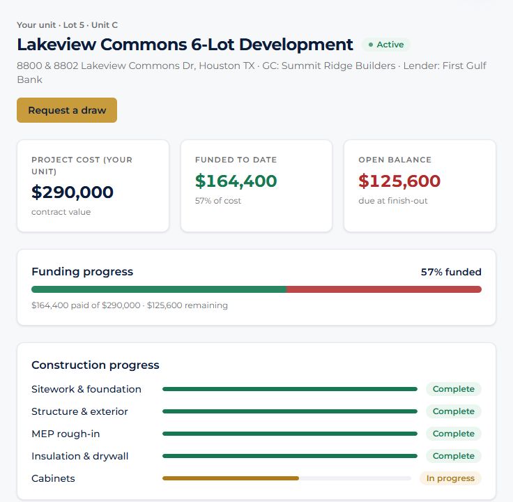 EPEX customer portal, owner summary view showing cost, funding and construction progress (demo data)