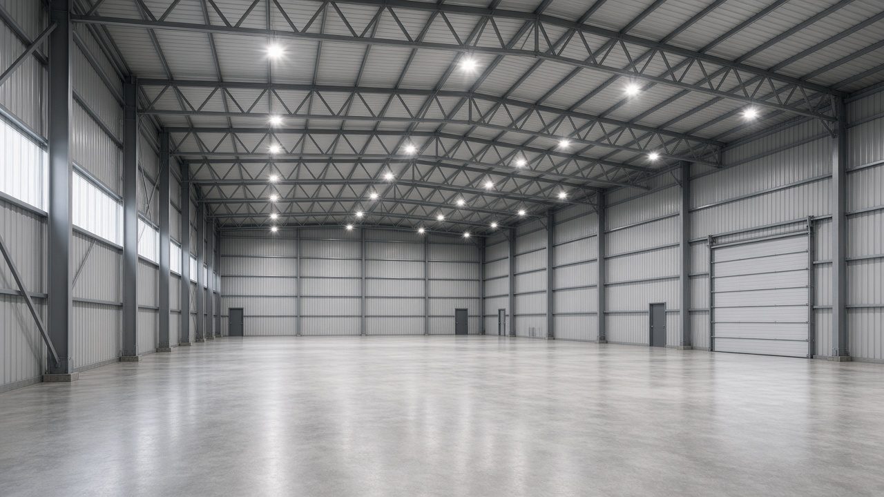 Clear-span warehouse interior with steel rafters and loading ready for operations