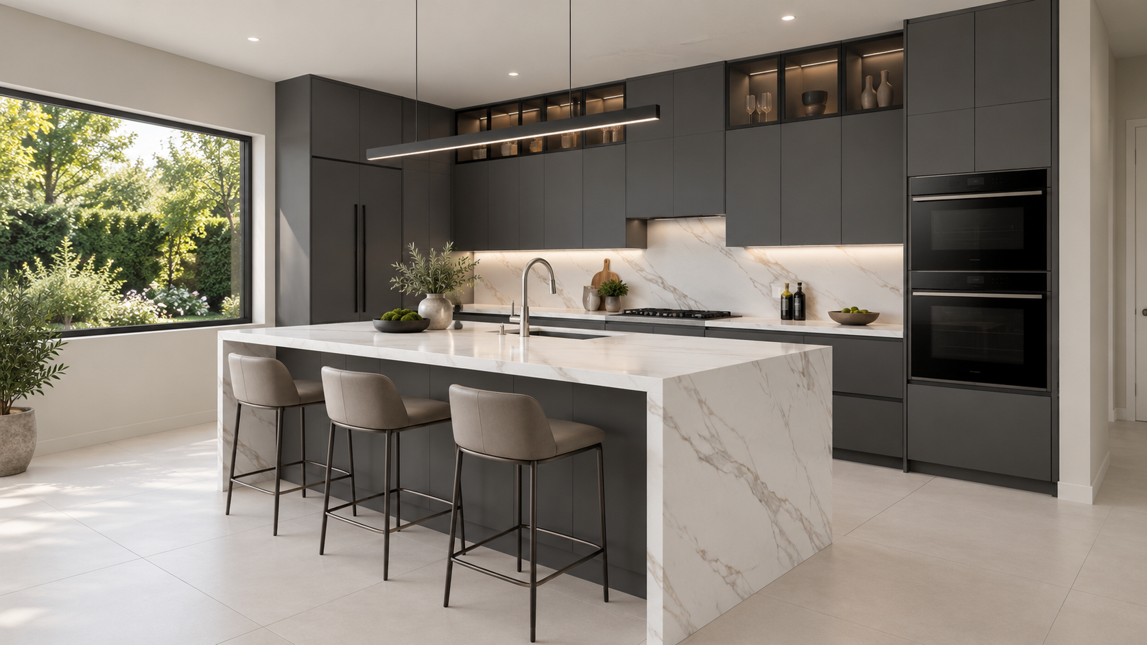 Kitchen design concept: Charcoal cabinetry and illuminated glass