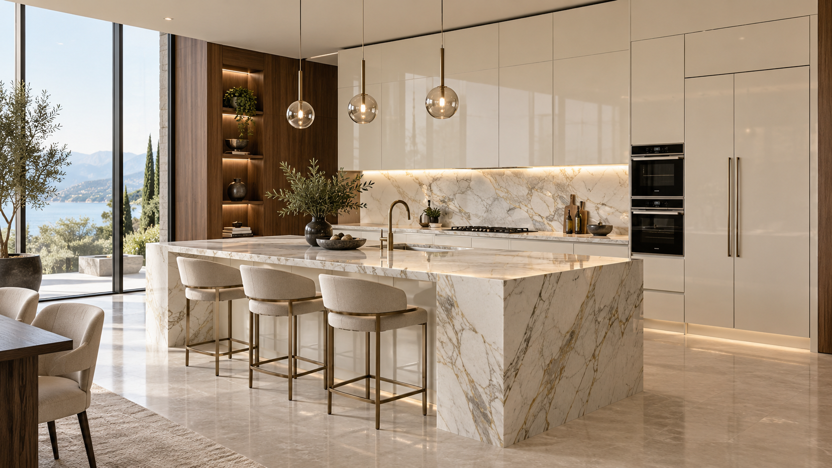 Kitchen design concept: Ivory lacquer and sculptural stone