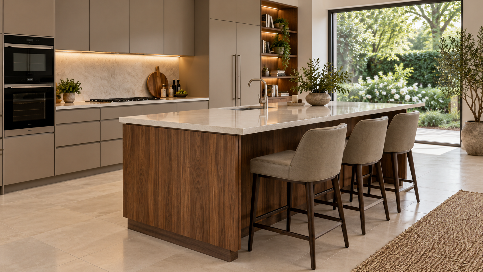 Kitchen design concept: Quartz top and walnut island — no waterfall sides